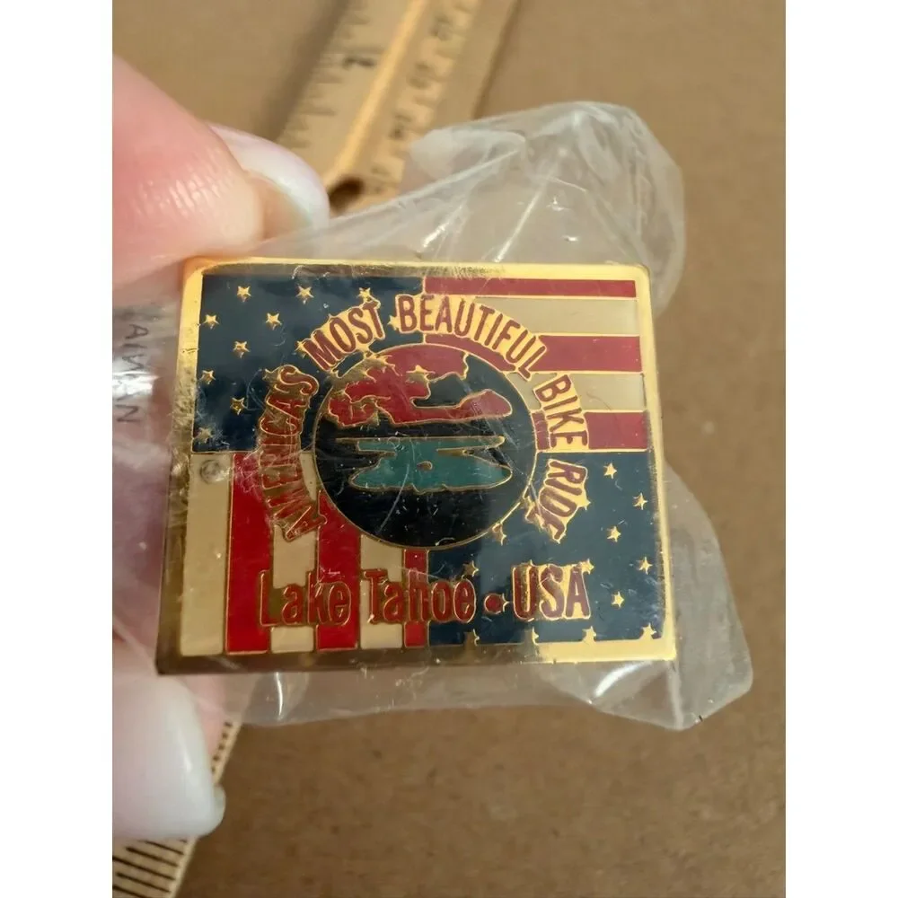 Vtg. Americas most beautiful bike ride lake tahoe usa enamel pin